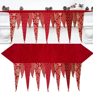 Christmas Table Runner Red Velvet Mantel Scarf With Gold Foil Patterns And Metal Bells For Holiday Home Decor Party Accessories