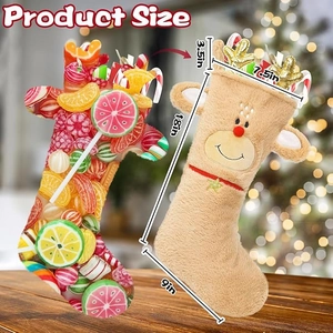 18 inch plush reindeer Christmas stocking with golden antlers and red ribbon details