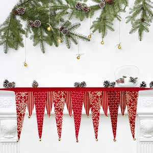Red Christmas fireplace runner with gold vine patterns and bells decoration