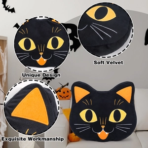 Halloween black cat plush pillow made of soft velvet with exquisite embroidery details