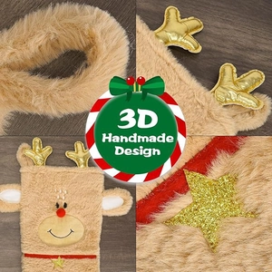 3D handmade plush reindeer Christmas stocking with golden antlers and star sequins