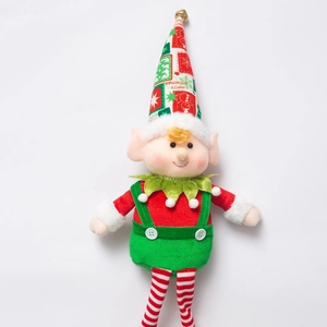 Christmas elf plush wreath pendant with Merry Christmas striped hat and bell decoration