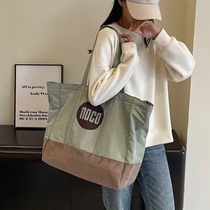 Grand Sac Cabas en Toile pour Femmes Épissage de Couleurs Contrastées Sac à Épaule Décontracté École Travail Sac à Main Avec Fermeture Éclair