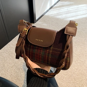 Vintage brown leather and plaid underarm bag with woven handle for women