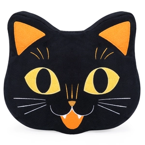 Halloween black cat plush pillow with vibrant orange ears and golden eyes embroidery