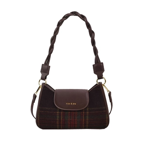 Retro plaid underarm bag in brown wool with woven strap and gold hardware details