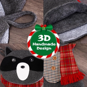3D handmade raccoon Christmas stocking with a cozy plaid scarf and hanging loop decoration