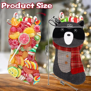 18-inch Christmas stocking set with candy pattern and cute raccoon with scarf design