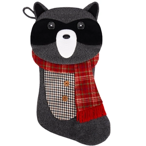 Christmas stocking hanging ornament with cute felt raccoon and red green plaid scarf