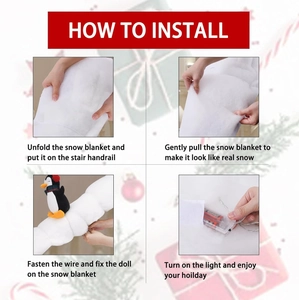 Detailed step-by-step installation of plush penguin snow blanket decor with LED lights