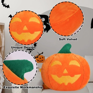 Halloween pumpkin plush pillow in bright orange soft velvet with a cute pumpkin face