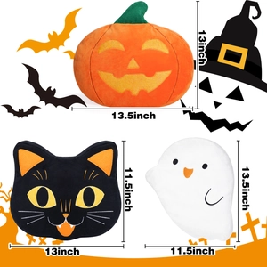 Tabella taglie per cuscini di Halloween con zucca, gatto nero e fantasma in morbido peluche