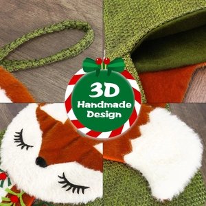 Calza di Natale volpe 3D fatta a mano in maglia verde con decoro in velluto