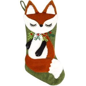 Chaussette de Noël en lin vert avec motif de renard en peluche et broderie festive