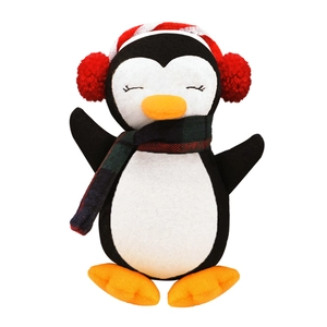 Christmas plush penguin toy with red earmuffs and green scarf for stair railing decor