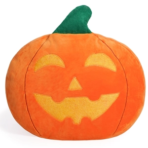 Halloween pumpkin plush pillow with jack-o'-lantern face on white background