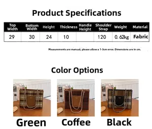 Size chart and dimensions for woolen tote bag with chain strap and plaid design details