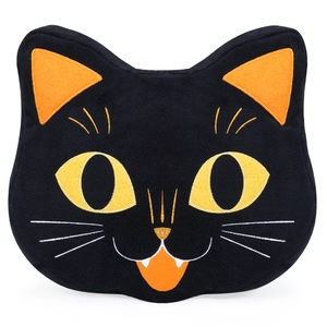 Cartoon black cat plush pillow with orange ears and embroidery for Halloween decor