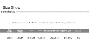 Guide des tailles détaillé pour le sac seau en PU montrant les dimensions 21x18,5x11,5cm et infos
