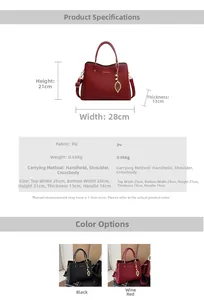 Detailed dimensions and side-by-side view of red and black PU leather handbags