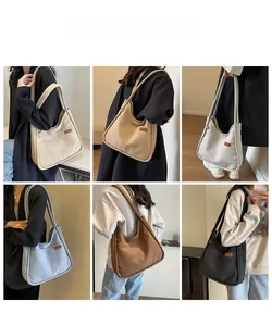 Collage of model wearing a spacious canvas bucket bag available in six stylish colors