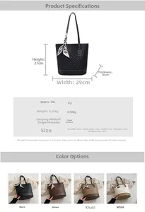 Detailed chart showing bucket bag dimensions and four available colors with scarf