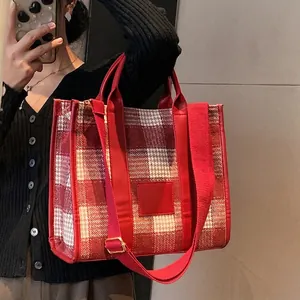 Vintage Kariert Tote Bag Damen Große Kapazität Hahnentritt Schultertasche Verstellbarer Gurt PU Leder Besatz Pendler Handtasche