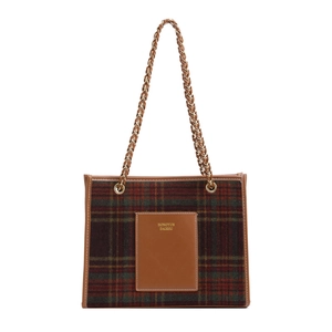 Classic plaid wool tote bag with brown leather pocket and gold chain strap on white background