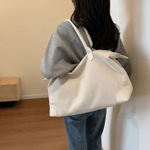 Women Large Capacity Corduroy Tote Bag Minimalist Casual Shoulder Travel Handbag With Artificial Leather Trim Zipper Closure Commuting Bag