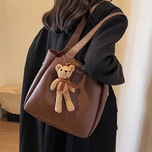 Women Vintage PU Leather Bucket Bag Large Capacity Retro Pebble Texture Shoulder Crossbody Bag With Cute Bear Charm