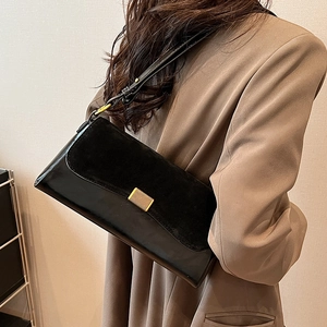 Women Vintage PU Suede Splicing Underarm Bag Large Capacity Shoulder Crossbody Bag With Gold Buckle Fashion Retro Handbag