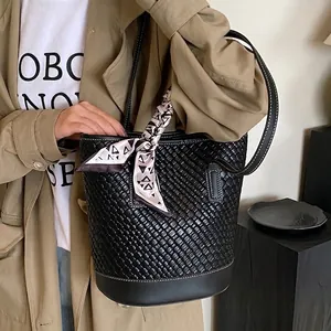 Women Woven PU Leather Bucket Bag Large Capacity Shoulder Crossbody Handbag With Decorative Silk Scarf Fashion Casual Tote
