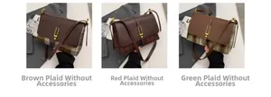 Three color variants of retro plaid shoulder bags in brown, red, and green tones