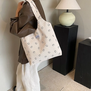 Grand sac cabas en velours côtelé blanc cassé avec motifs smiley noirs tendance