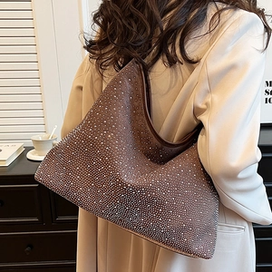 Borsa hobo retrò marrone scuro di grande capacità con strass argentati scintillanti