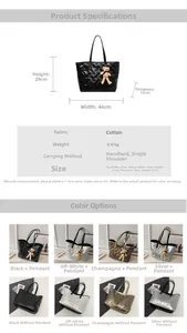 Detailed size specifications for a large quilted tote bag with multi-color options