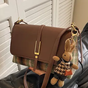 Vintage Plaid Patchwork Crossbody Bag For Women PU Leather Square Shoulder Bag With Plush Bunny Pendant Fashion Daily Bag