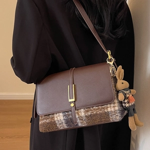 Retro plaid large capacity shoulder bag for women with leather flap and cute bunny charm