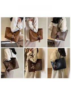 Collage of model wearing large tote bag in various colors with cute rabbit pendant