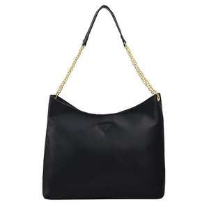 Sac seau hobo en cuir grainé noir avec bandoulière chaîne dorée et patch triangle