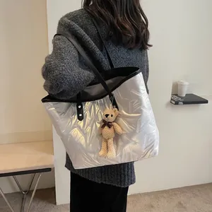 Large Capacity Quilted Tote Bag For Women Metallic Luster Casual Commuter Shoulder Bag Fashion Handbag With Bear Pendant