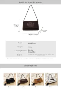Detailed size specifications and color variants for the plush square tote shoulder bag