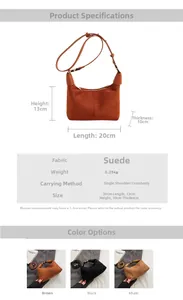Detailed size specifications for minimalist suede crescent bag in multiple colors