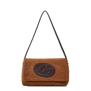 Brown teddy fleece rectangular shoulder bag with vintage leather logo and slim strap