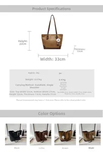 Detailed size chart and multi-color options for large capacity PU leather tote bag