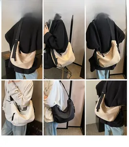 Collage of nylon hobo bags in beige, black, and white showing multiple carry styles