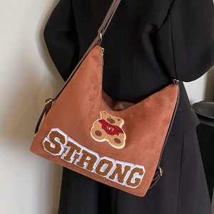 Brown vintage suede hobo bag with large capacity and cartoon teddy bear embroidery