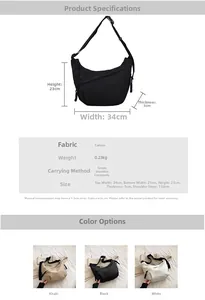 Detailed size chart and parameter guide for the khaki, black, and white nylon dumpling bag