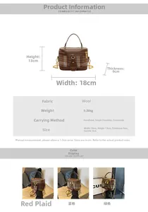 Detailed size chart and specifications for the vintage plaid wool crossbody bucket bag