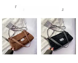 Quilted crossbody bags in brown and black faux suede with chain straps and metal locks